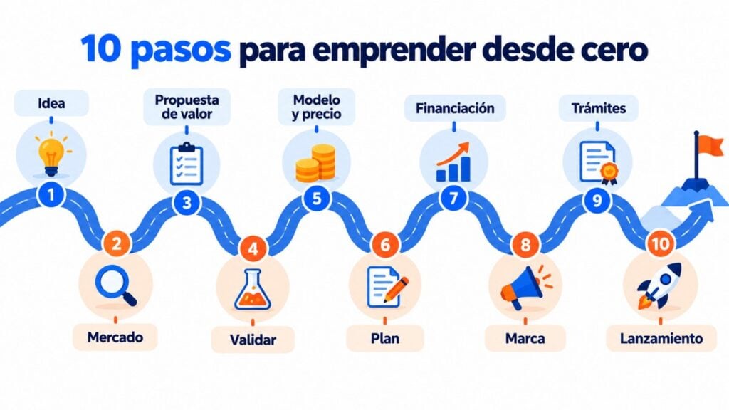 Los 10 pasos para emprender un negocio desde cero: idea, mercado, propuesta de valor, validar, modelo y precio, plan, financiación, marca, trámites y lanzamiento