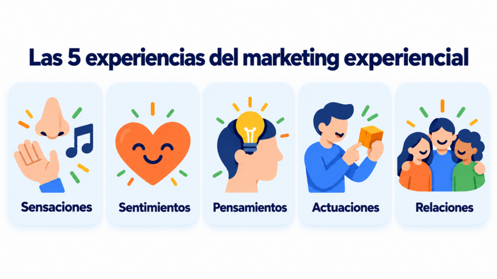 Infografía de las 5 experiencias del marketing experiencial: sensaciones, sentimientos, pensamientos, actuaciones y relaciones