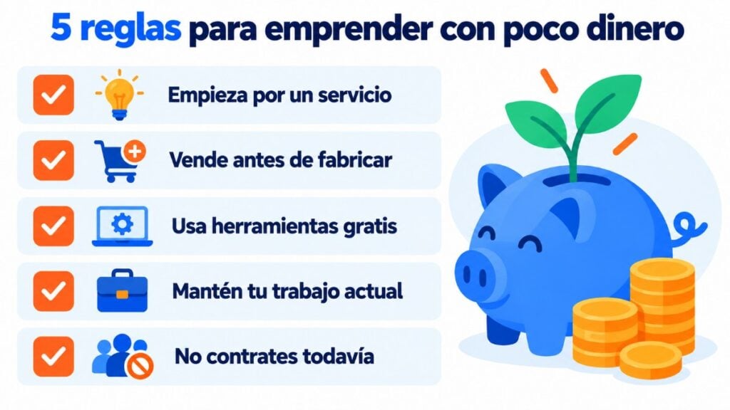 5 reglas para emprender con poco dinero: empieza por un servicio, vende antes de fabricar, usa herramientas gratis, mantén tu trabajo y no contrates todavía