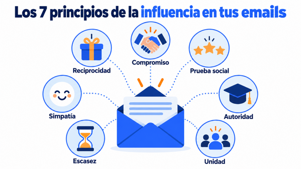 Os 7 princípios da influência nos seus emails: reciprocidade, compromisso, prova social, autoridade, simpatia, escassez e unidade
