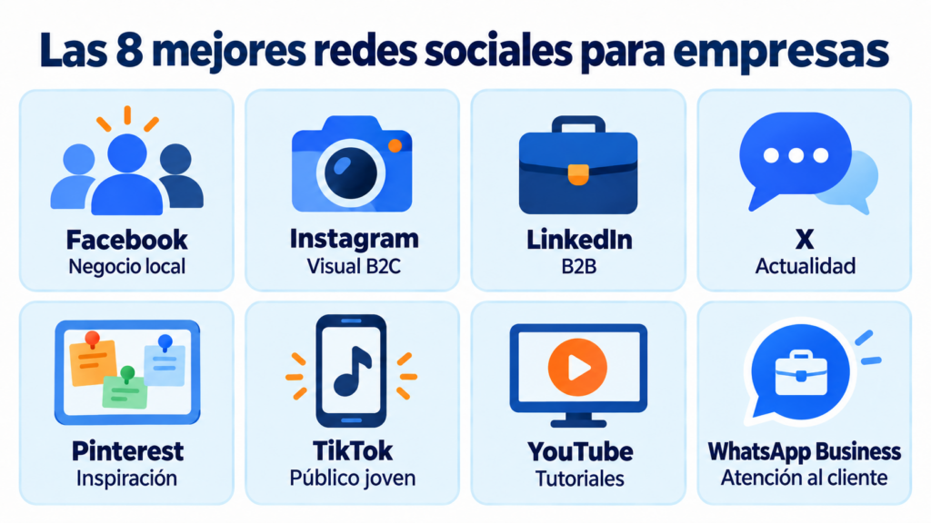 Infografía de las 8 mejores redes sociales para empresas: Facebook, Instagram, LinkedIn, X, Pinterest, TikTok, YouTube y WhatsApp Business