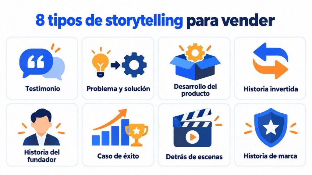 8 tipos de storytelling para vender: testimonio, problema y solución, desarrollo del producto, historia invertida, historia del fundador, caso de éxito, detrás de escenas e historia de marca