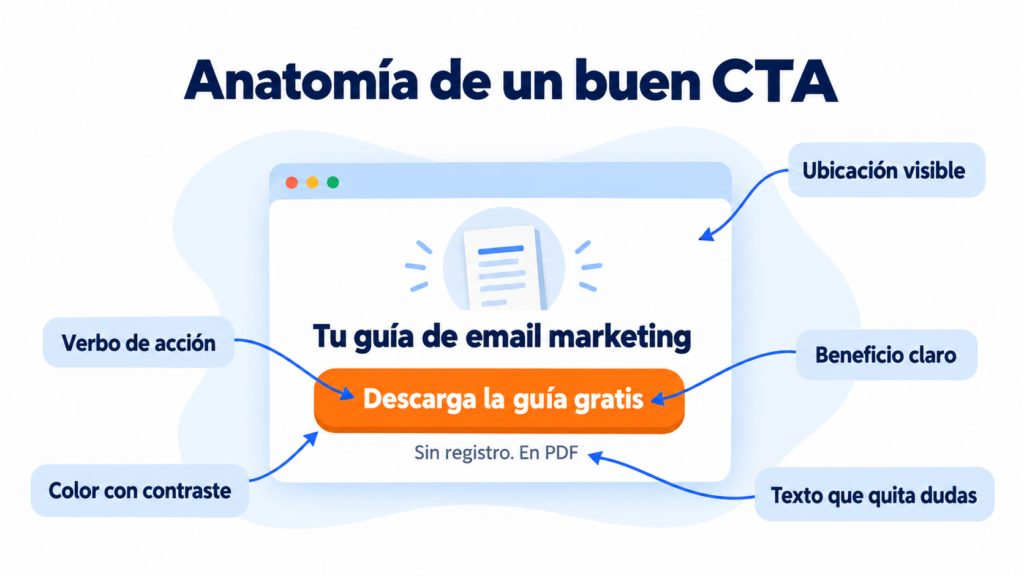 Anatomía de un buen CTA: un verbo de acción, el beneficio para el usuario, un botón con contraste, un texto de apoyo que quita dudas y una ubicación visible