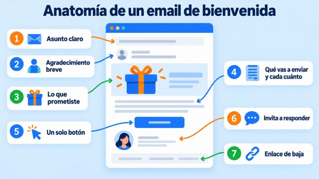 Anatomía de un email de bienvenida: asunto claro, agradecimiento, lo que prometiste, qué vas a enviar y cada cuánto, un solo botón, invitación a responder y enlace de baja