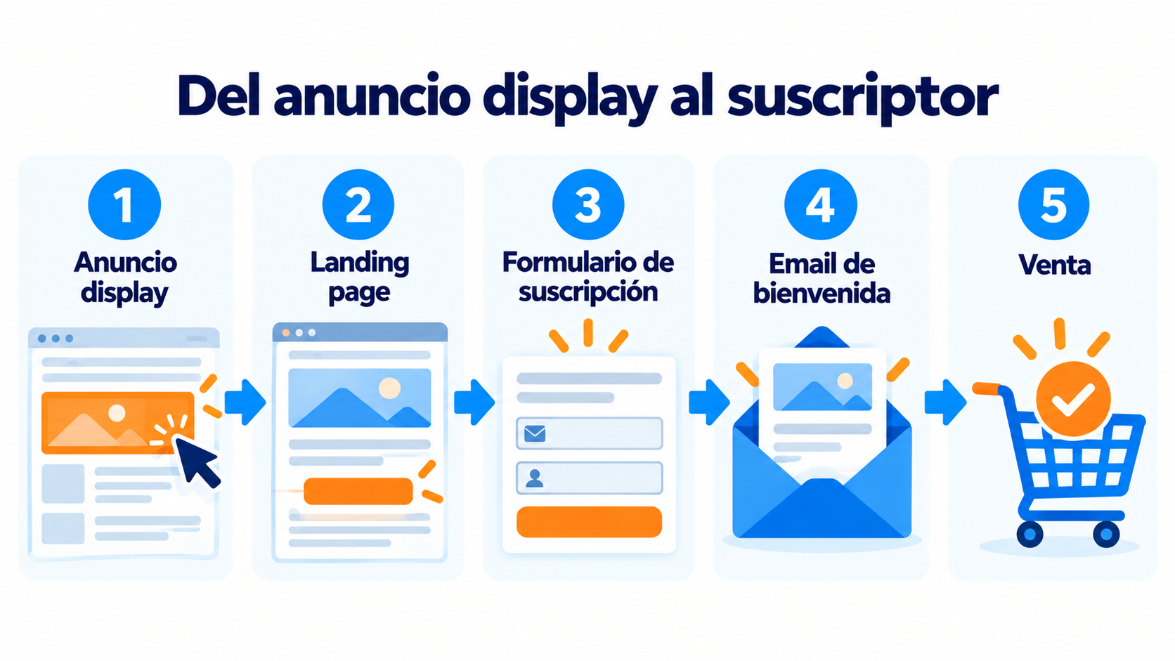Del anuncio display al suscriptor: anuncio, landing page, formulario, email de bienvenida y venta