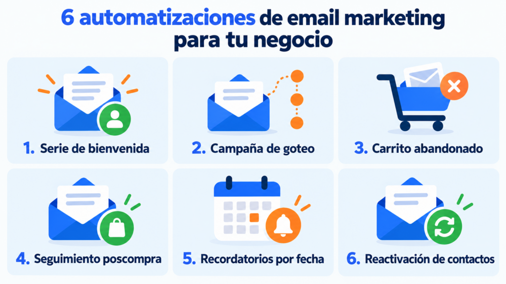 6 automações de email marketing para o seu negócio: série de boas-vindas, campanha de gotejamento, carrinho abandonado, acompanhamento pós-compra, lembretes por data e reativação de contatos