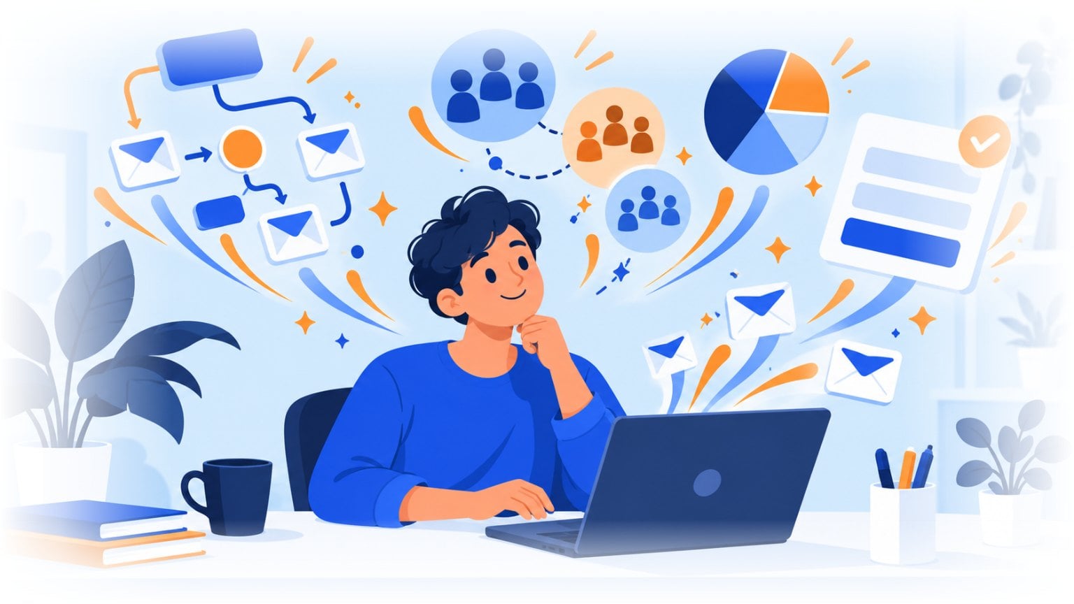 Pessoa em frente a um notebook organizando fluxos de automação de e-mail, segmentos de contatos e formulários de inscrição