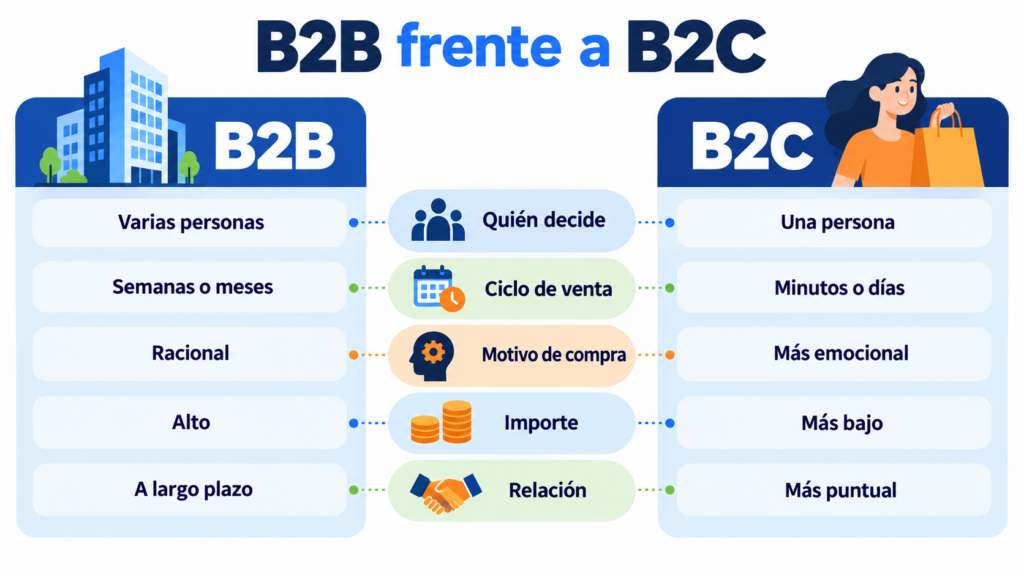 B2B frente a B2C: en B2B deciden varias personas, el ciclo de venta dura semanas o meses, la compra es racional, el importe es alto y la relación es a largo plazo; en B2C decide una persona, la compra tarda minutos o días, es más emocional, de importe más bajo y más puntual