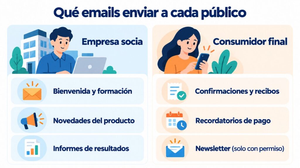 Emails para cada público en el modelo B2B2C: novedades, formación e informes para la empresa socia; confirmaciones, recibos y avisos para el consumidor final