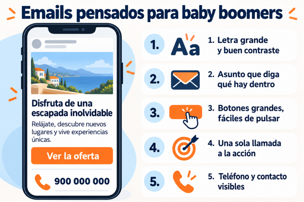 How to design emails for baby boomers: large font, clear subject line, large buttons and visible contact details