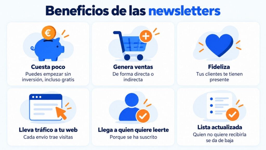 Beneficios de las newsletters: cuestan poco, generan ventas, fidelizan, llevan tráfico a tu web, llegan a quien quiere leerte y mantienen la lista actualizada