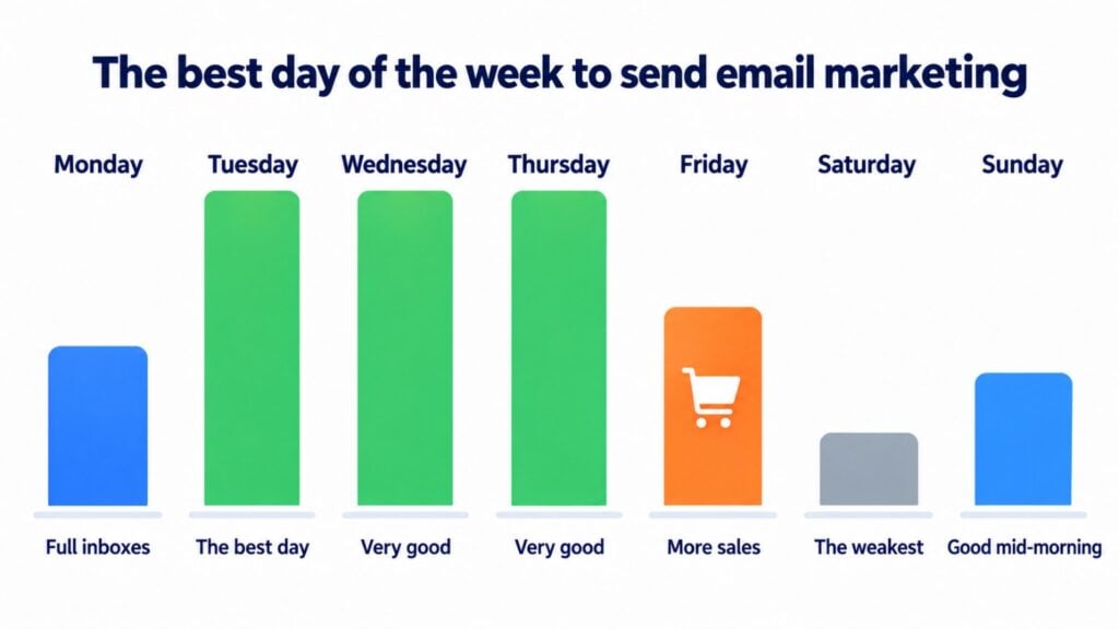 The best day of the week to send email marketing: Tuesday, Wednesday and Thursday; Friday converts well and Saturday is the weakest day