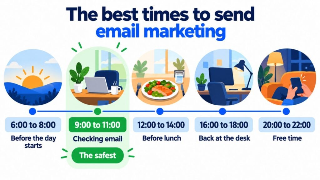 The best times to send email marketing: 6:00 to 8:00, 9:00 to 11:00 (the safest), 12:00 to 14:00, 16:00 to 18:00 and 20:00 to 22:00