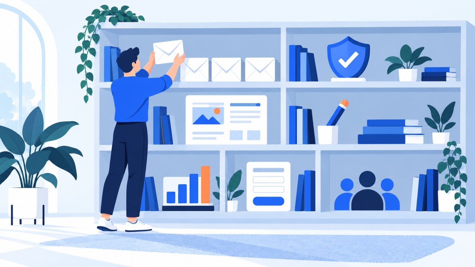Person placing an envelope on a shelf organized by email marketing topics: deliverability, templates, copywriting, metrics, forms and contacts