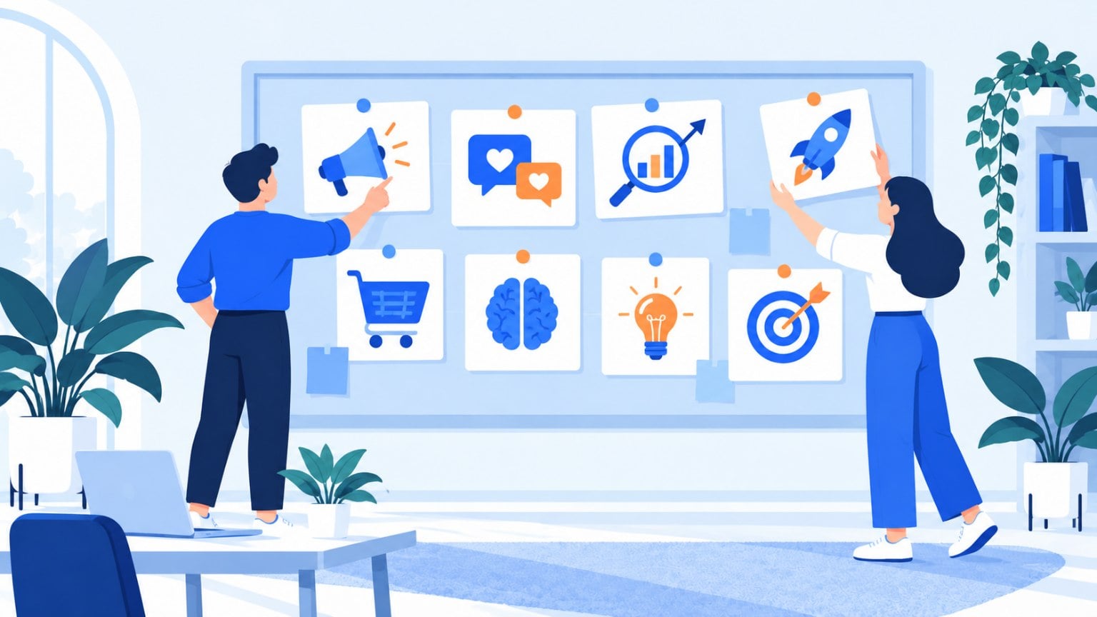 Duas pessoas organizando em um quadro os temas de marketing digital: publicidade, redes sociais, SEO, ecommerce, psicologia do consumidor, ideias e empreendedorismo