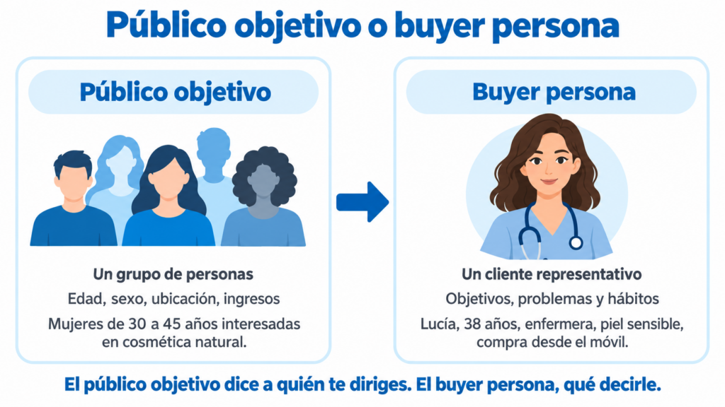 Infografía que compara el público objetivo (un grupo de personas) con el buyer persona (un cliente representativo)