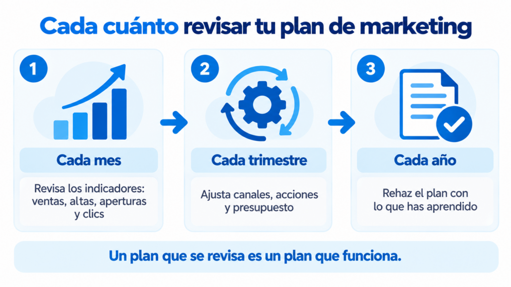 Infografía: revisar los indicadores cada mes, ajustar el plan cada trimestre y rehacerlo cada año