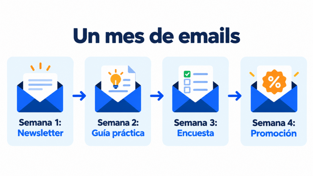 Example of a one-month email marketing calendar: newsletter, practical guide, survey and promotion