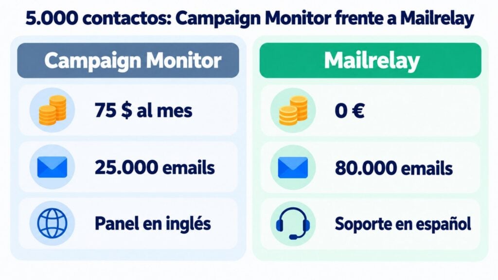 Infografía: con 5.000 contactos, Campaign Monitor cuesta 75 $ al mes con 25.000 emails y panel en inglés; Mailrelay, 0 € con 80.000 emails y soporte en español