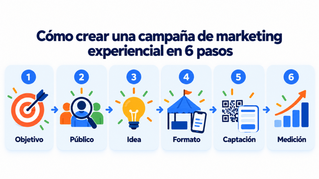 Infografía de cómo crear una campaña de marketing experiencial en 6 pasos: objetivo, público, idea, formato, captación y medición