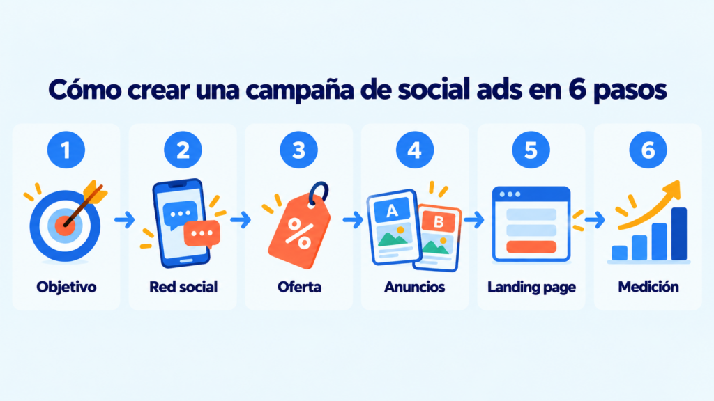 Infographic on how to create a social ads campaign in 6 steps: objective, social network, offer, ads, landing page and measurement