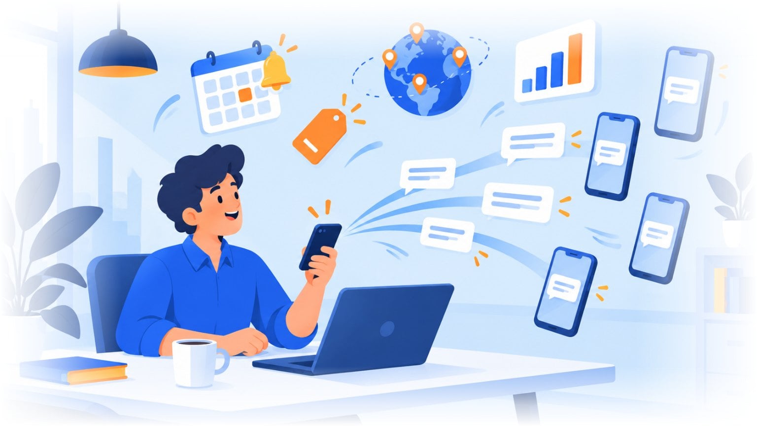 Persona enviando una campaña de SMS desde su móvil a los teléfonos de sus clientes, con recordatorios, ofertas y estadísticas de entrega