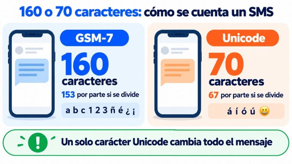 160 or 70 characters: how an SMS is counted in GSM-7 and in Unicode, with 153 and 67 characters per part when it is split