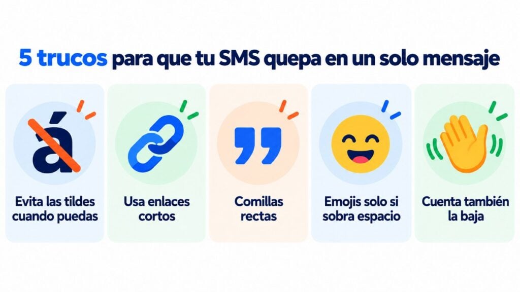 5 tips to fit your SMS into a single message: avoid accents, short links, straight quotes, emojis only if there's room to spare, and count the opt-out