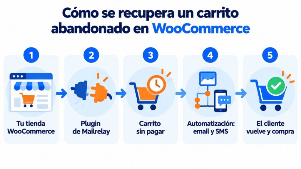 How an abandoned cart is recovered in WooCommerce with the Mailrelay plugin: store, plugin, unpaid cart, automation with email and SMS, and purchase