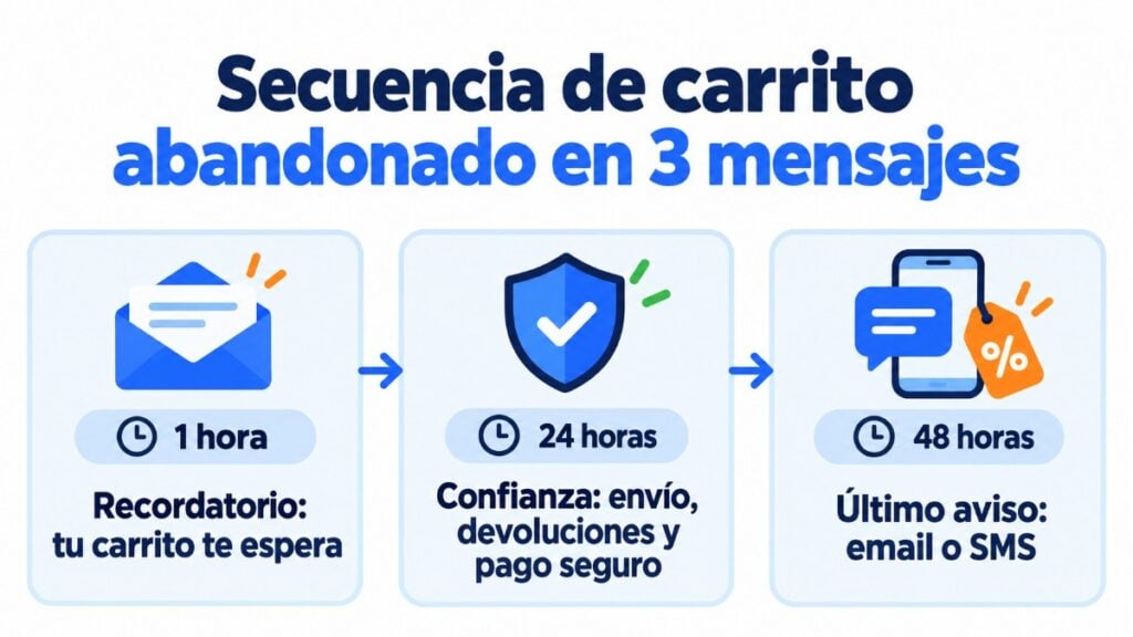 3-message abandoned cart sequence: reminder after one hour, trust at 24 hours and final reminder by email or SMS at 48 hours