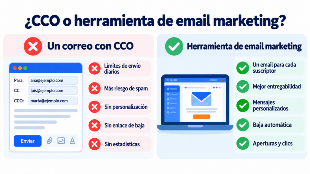 Comparativa entre enviar un correo con CCO y usar una herramienta de email marketing