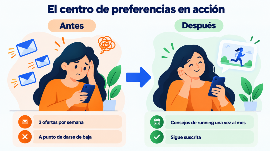 A central de preferências em ação: antes, 2 ofertas por semana e prestes a cancelar a assinatura; depois, dicas de corrida uma vez por mês e continua inscrita