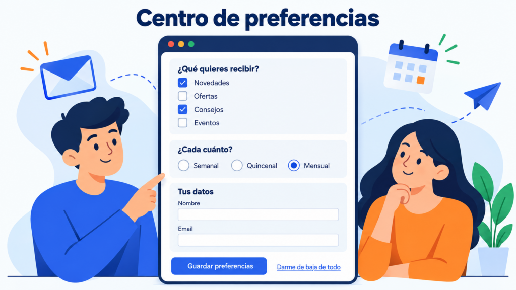 Modelo de uma central de preferências de email: temas (novidades, ofertas, dicas, eventos), frequência semanal, quinzenal ou mensal, dados do assinante e link visível para cancelar a assinatura de tudo