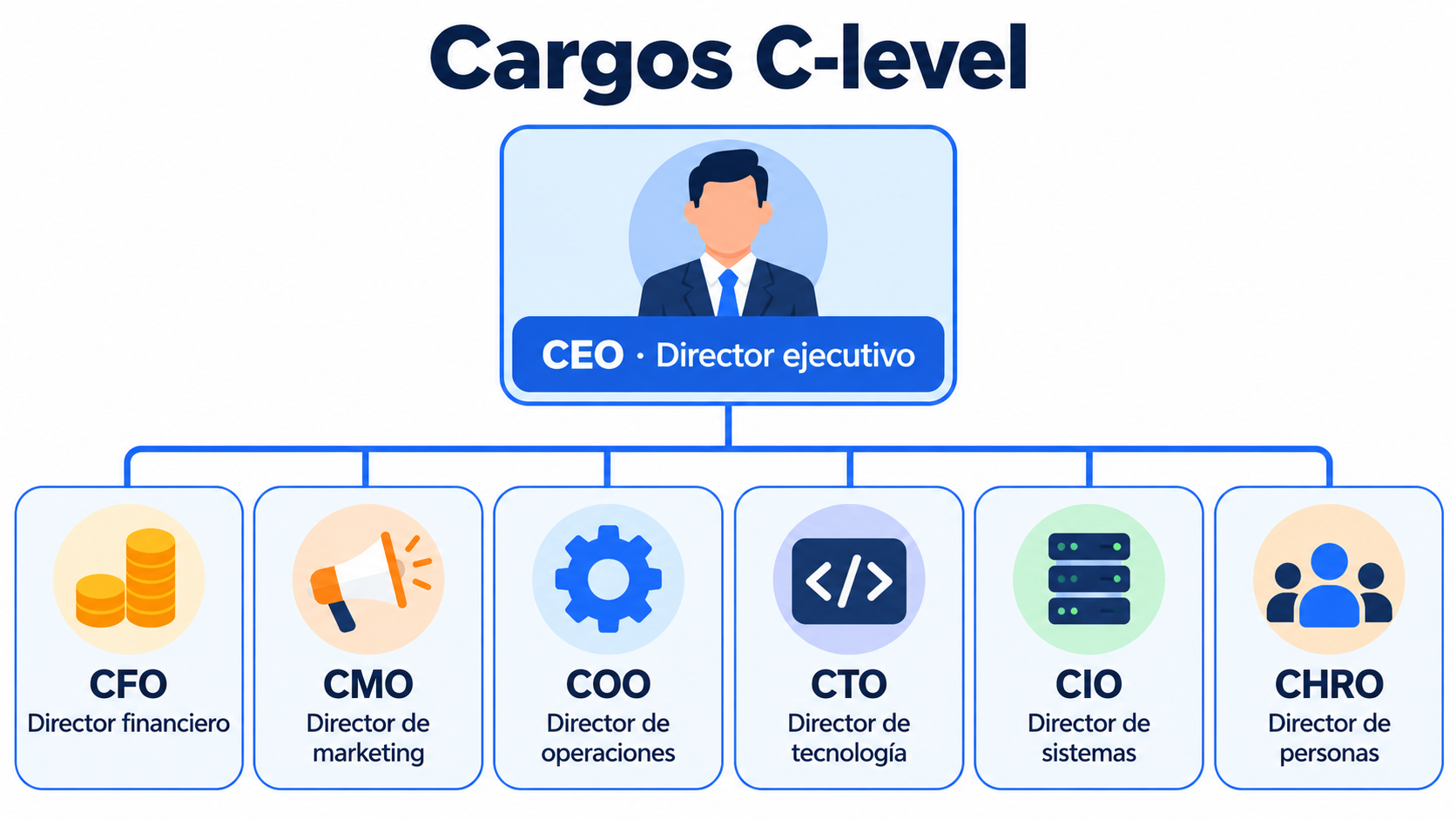 C-level positions: CEO, CFO, CMO, COO, CTO, CIO and CHRO