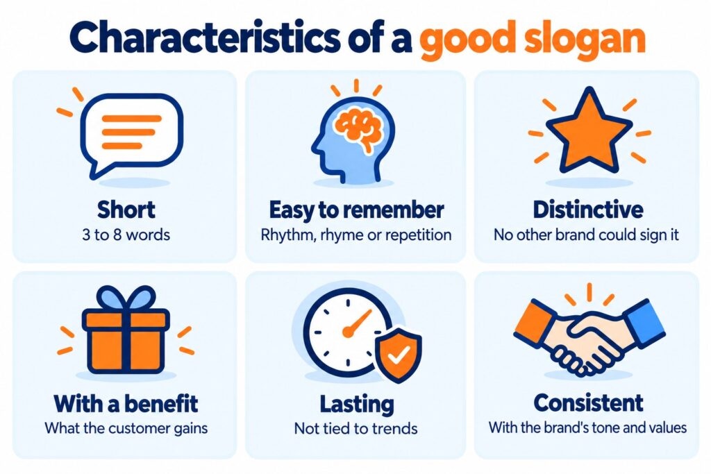 Characteristics of a good slogan: short, easy to remember, distinctive, with a benefit, lasting and consistent