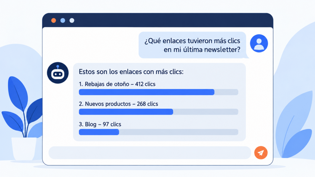 Exemplo de pedido a um assistente de IA conectado ao Mailrelay: os links mais clicados da última newsletter