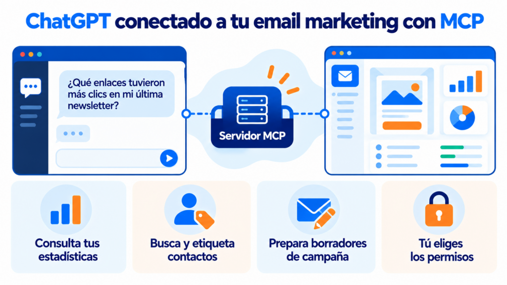 ChatGPT conectado a Mailrelay con el servidor MCP: consulta estadísticas, busca contactos y prepara borradores de campaña con los permisos que tú eliges