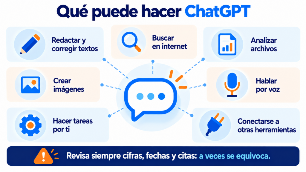 Qué puede hacer ChatGPT: redactar y corregir, buscar en internet, analizar archivos, crear imágenes, hablar por voz, hacer tareas en modo agente y conectarse a otras herramientas