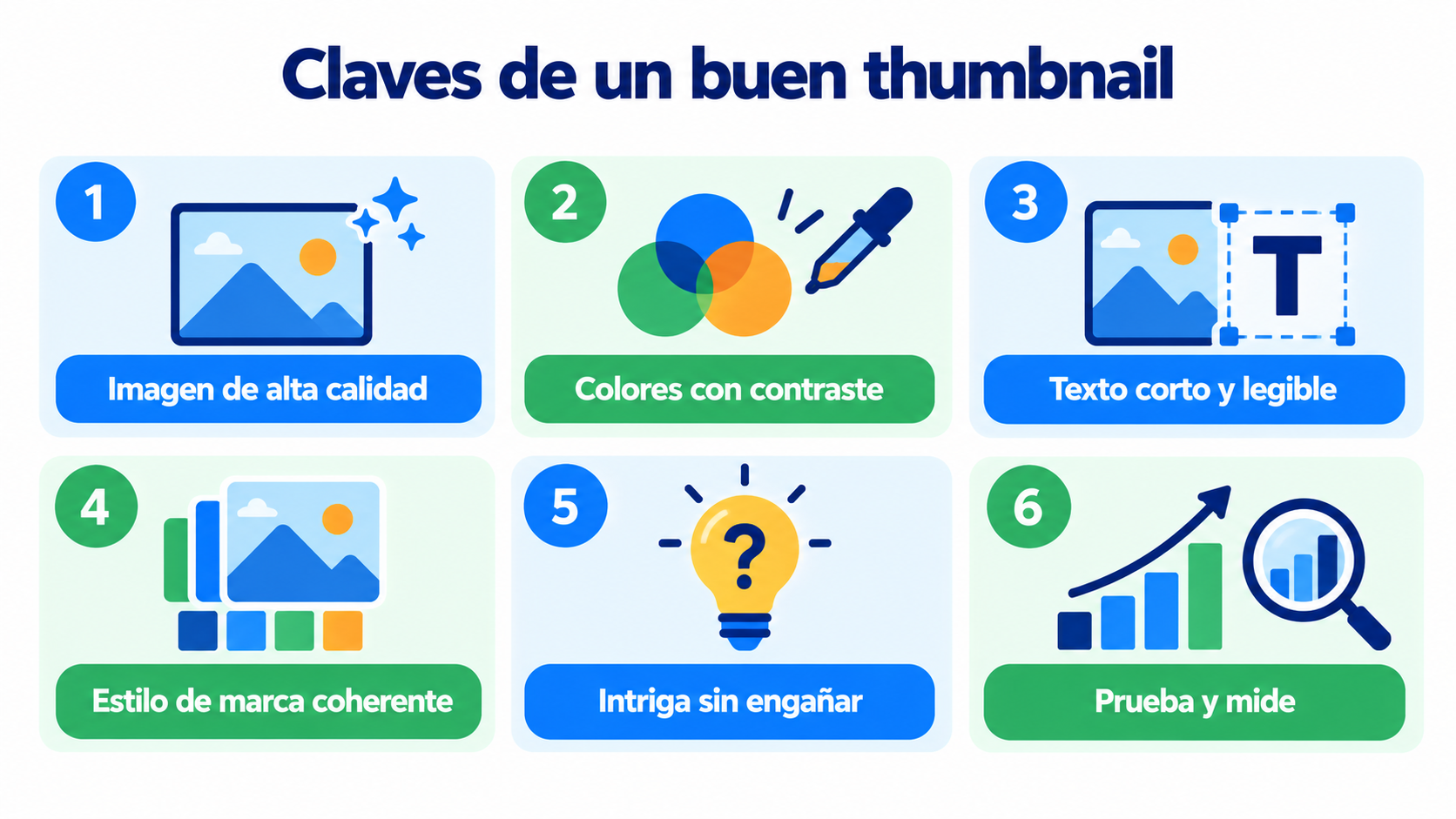 Infográfico com os pontos-chave de um bom thumbnail: imagem de alta qualidade, cores com contraste, texto curto e legível, estilo de marca coerente, intriga sem enganar e testar e medir