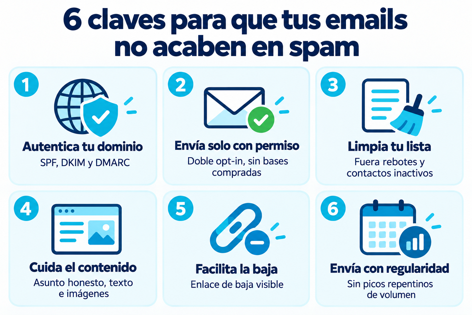 6 claves para no caer en spam: autentica tu dominio, envía solo con permiso, limpia tu lista, cuida el contenido, facilita la baja y envía con regularidad
