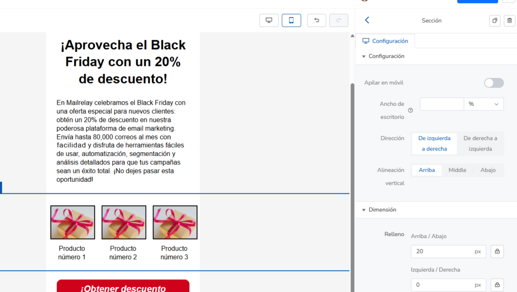 Editor de newsletter con un bloque de tres columnas de productos ajustadas para una oferta de Black Friday