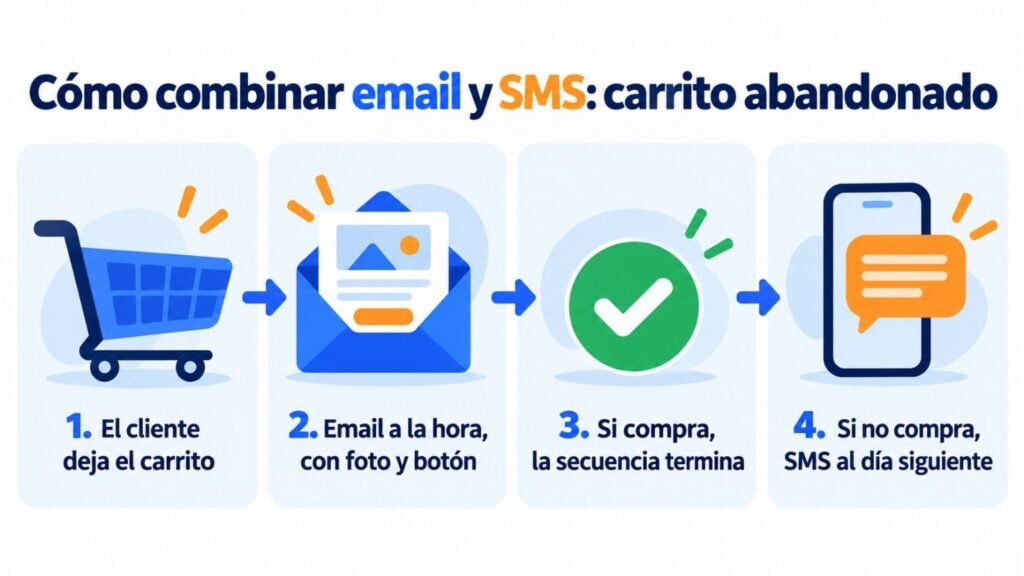 How to combine email and SMS for an abandoned cart: the customer leaves the cart, receives an email an hour later with a photo and a button, if they buy the sequence ends and if they don't they receive an SMS the next day