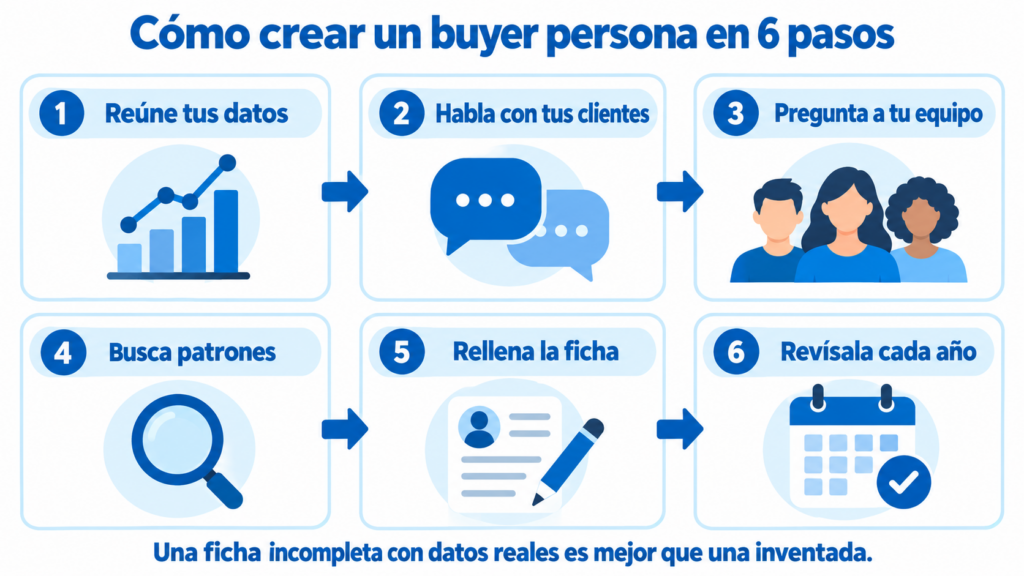 Infografía con los 6 pasos para crear un buyer persona: reunir datos, hablar con clientes, preguntar al equipo, buscar patrones, rellenar la ficha y revisarla