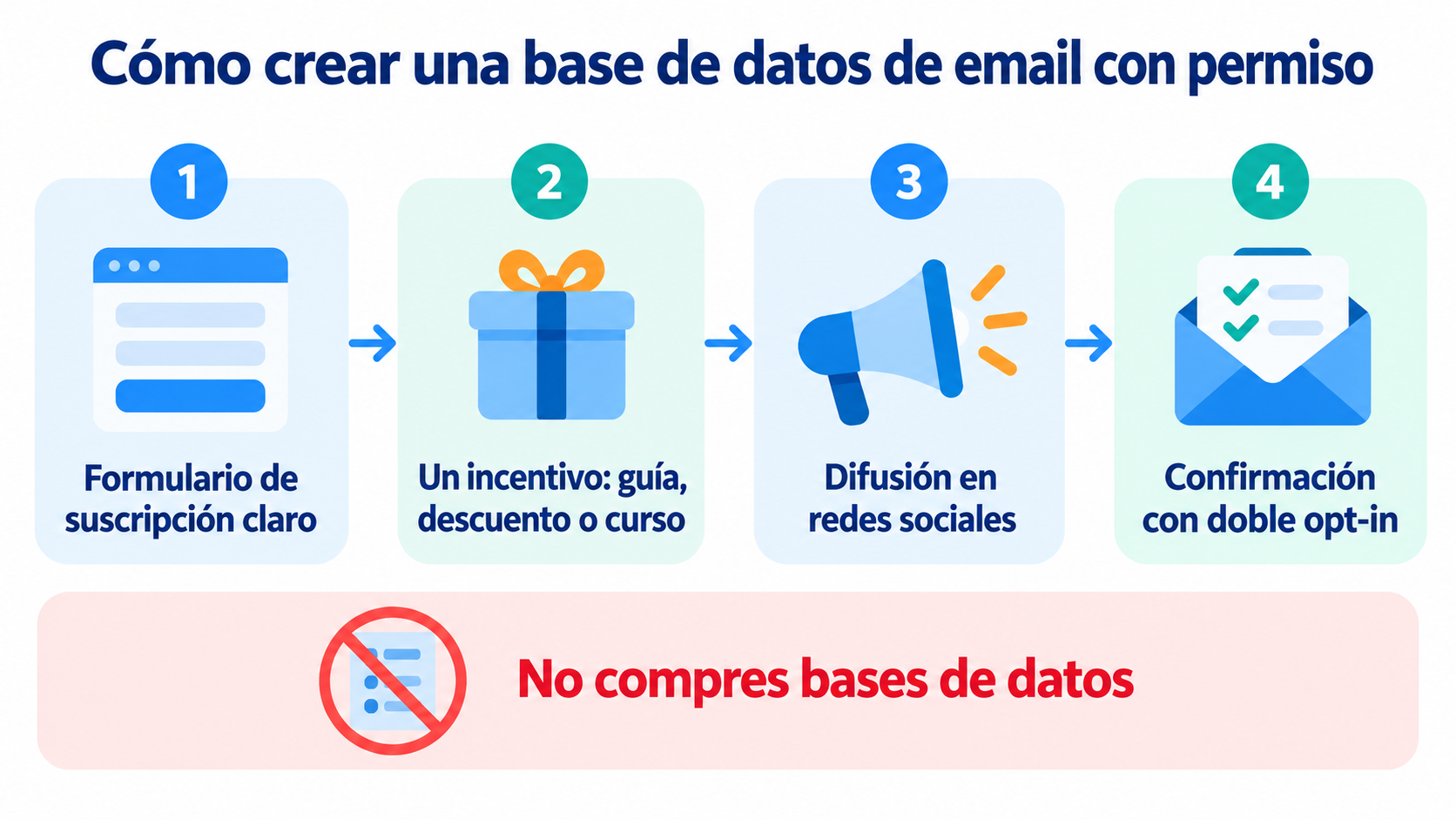 Infografía con cuatro pasos para crear una base de datos de email con permiso: formulario de suscripción claro, un incentivo, difusión en redes sociales y confirmación con doble opt-in, y el aviso de no comprar bases de datos