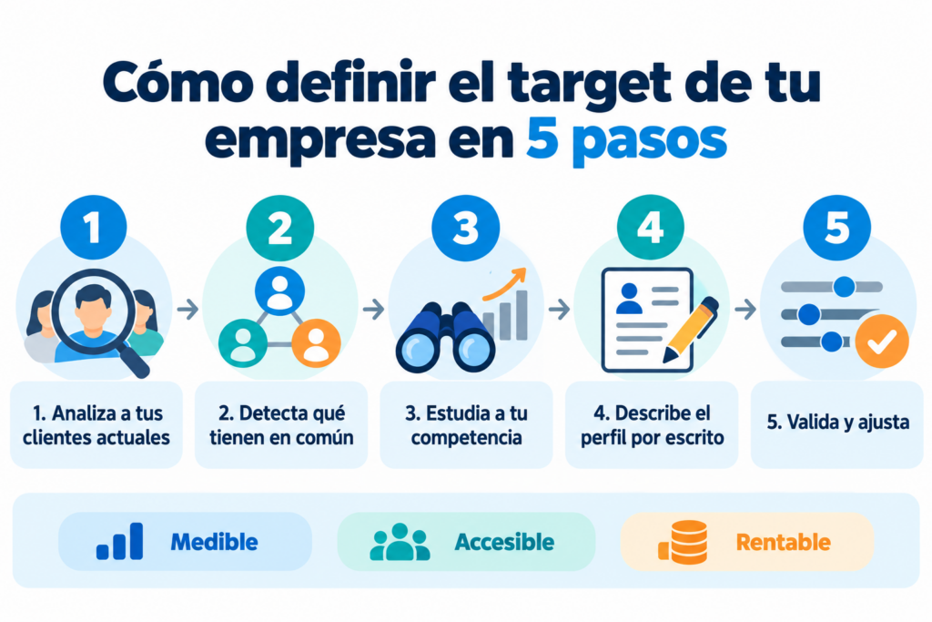 Infográfico sobre como definir o target da sua empresa em 5 passos: analisar os clientes, identificar características em comum, estudar a concorrência, descrever o perfil e validar