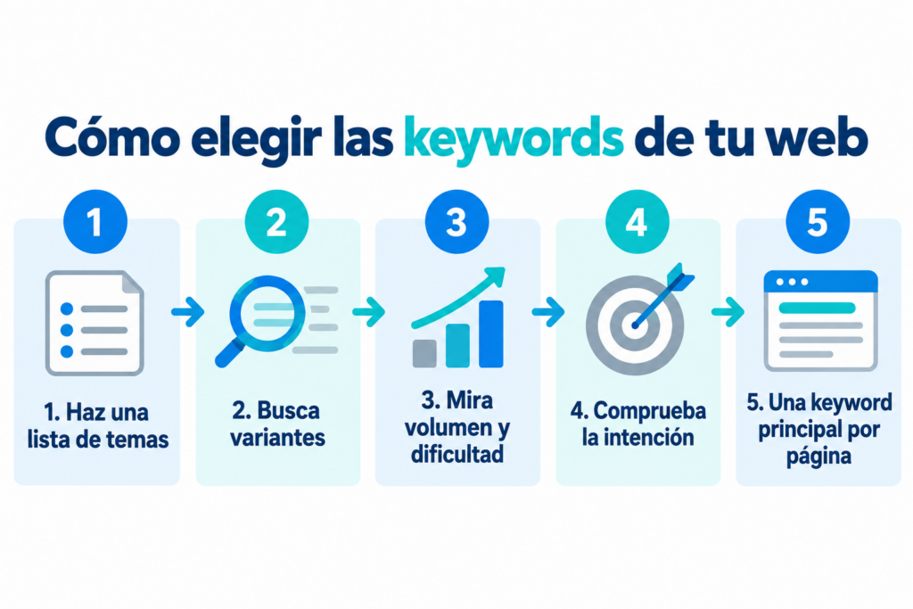 Infographic on how to choose the keywords for your website in 5 steps: list of topics, variants, volume and difficulty, intent and one main keyword per page