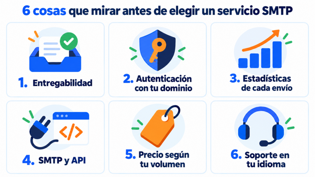 6 things to check before choosing an SMTP service: deliverability, authentication, statistics, SMTP and API, price and support