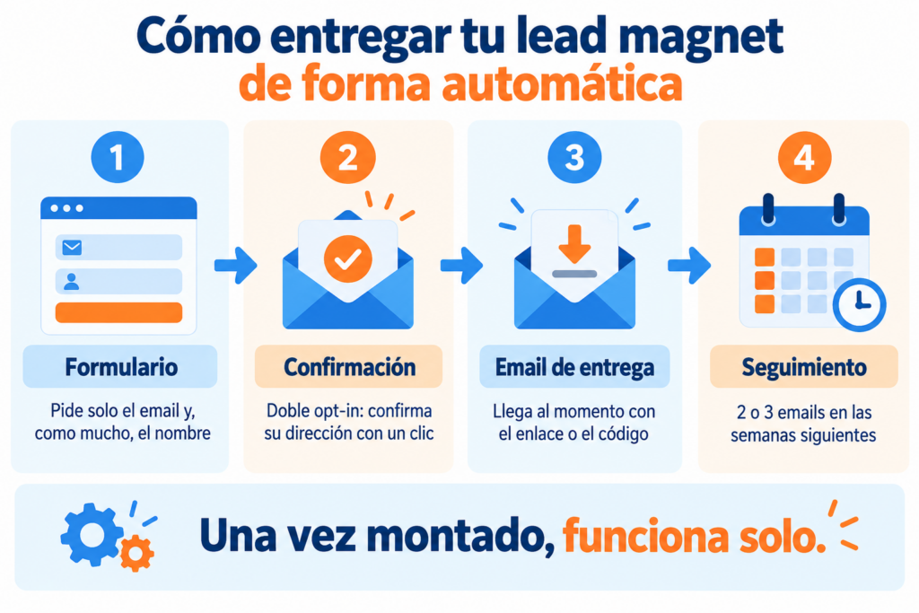Infográfico de como entregar um lead magnet de forma automática: formulário, confirmação com double opt-in, email de entrega e acompanhamento