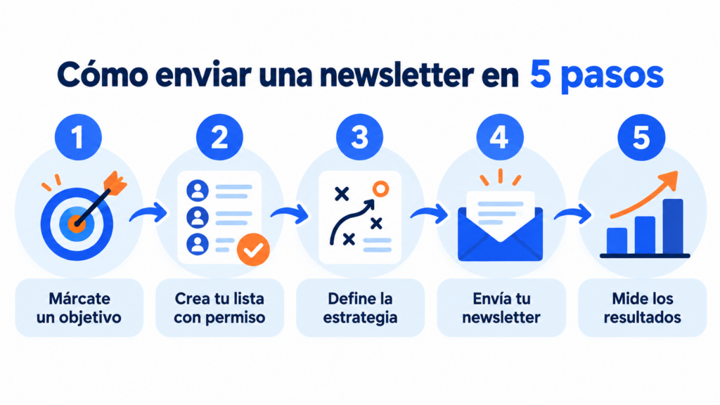 Cómo enviar una newsletter en 5 pasos: márcate un objetivo, crea tu lista con consentimiento, define la estrategia, envía y comprueba los resultados
