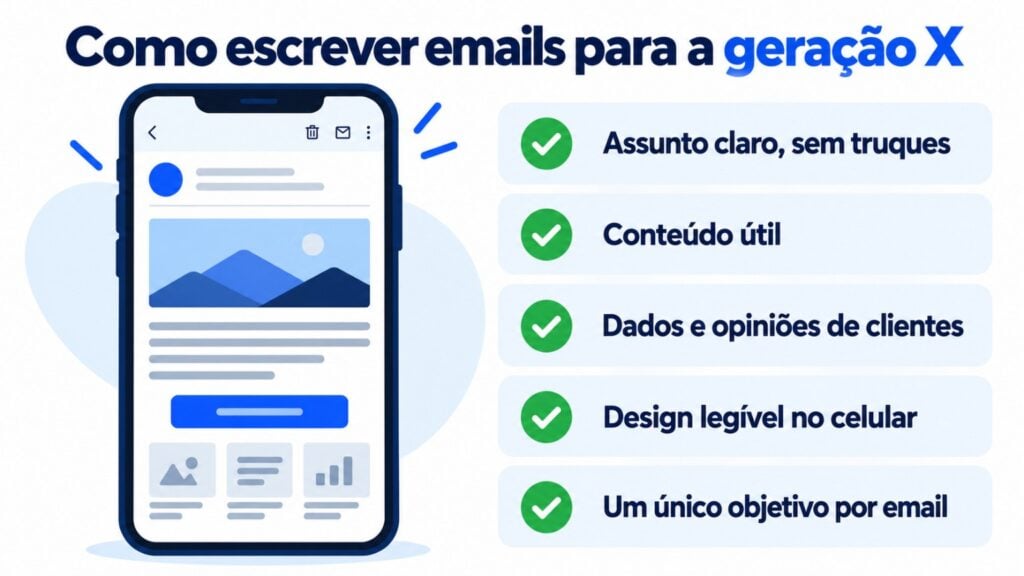 Como escrever emails para a geração X: assunto claro e sem truques, conteúdo útil, dados e avaliações de clientes, design legível no celular e um único objetivo por email